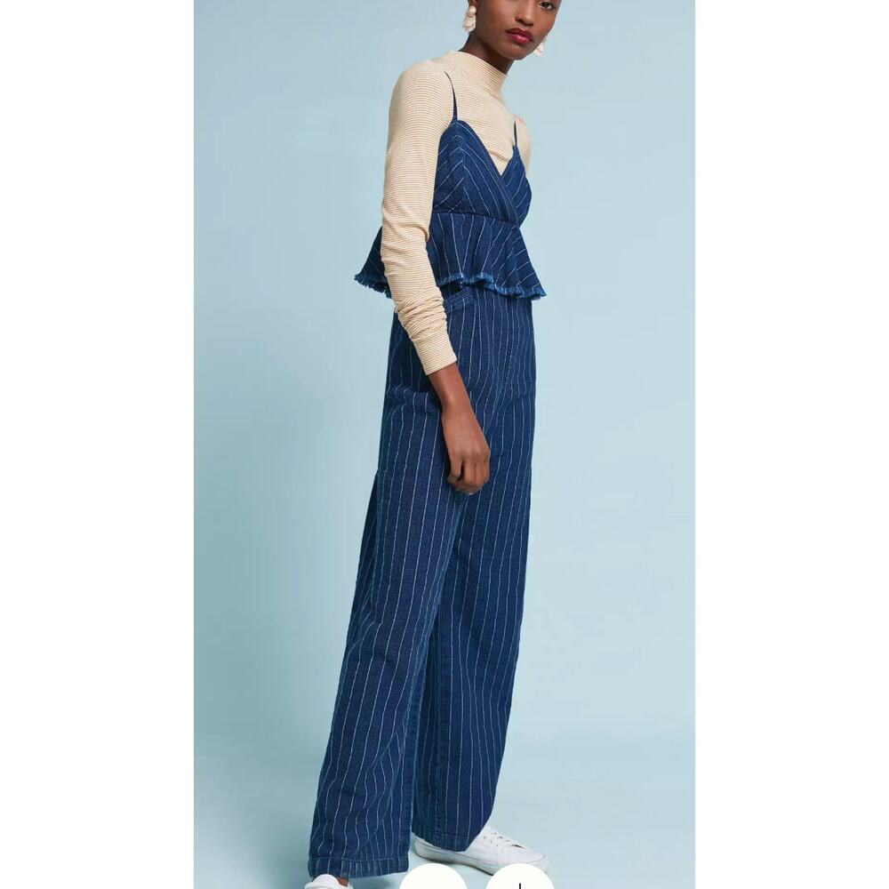 Anthropologie Ett:twa Striped Denim Peplum Jumpsuit Wide Leg Blue‎ Pinstripe LG